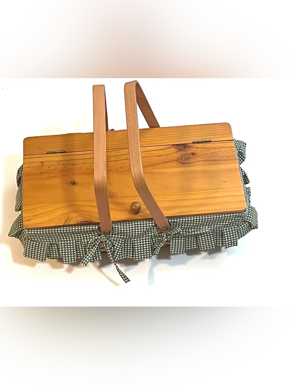 Vintage Bread Basket Green Cream Checked Fabric Double Handled 15x5.5